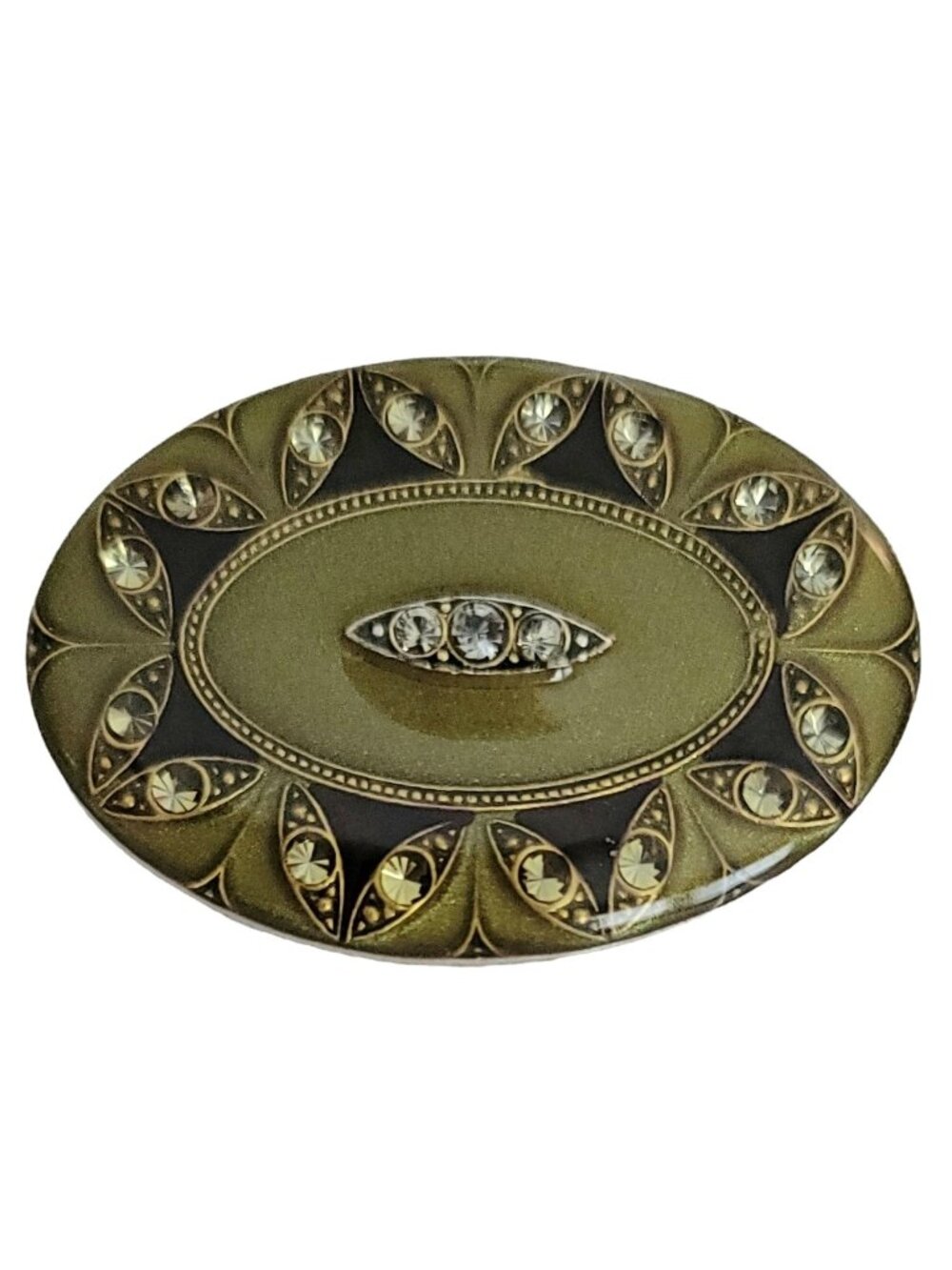 Catherine Popesco Art Deco Style Enamel Clear Rhinestone Oval Brooch, K16